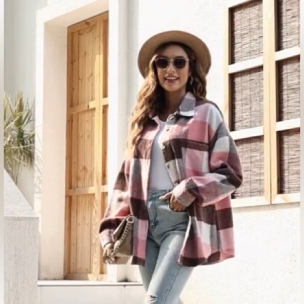 Pretty Plaid Pink and Brown Women's Top Shacket NWT